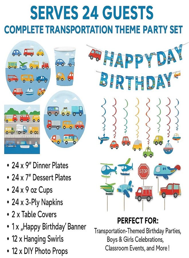 Oojami Serves 24 Complete Transportation Birthday Party Pack Includes Paper Plates, Cups, Napkins, Table Covers, Happy Birthday Banner, DIY Photo Props, Swirls, Ideal for Transportation theme birthday party - Image 2